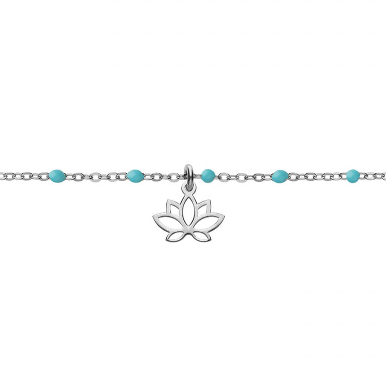 BRACELET ARGENT RHODIE BOULES RÉSINE BLEUES AVEC LOTUS