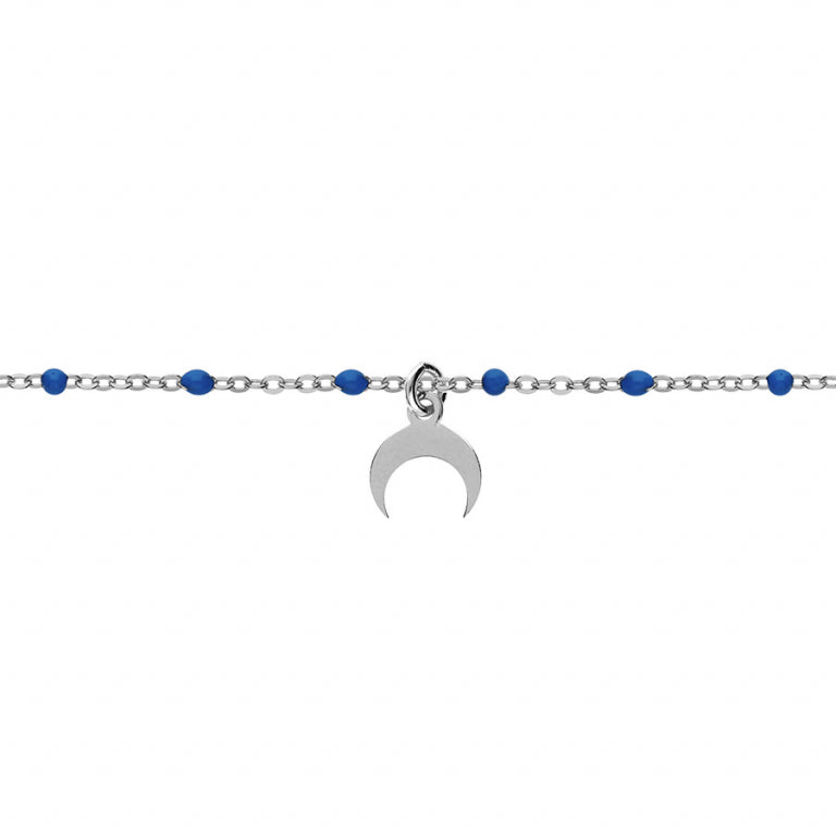 BRACELET ARGENT RHODIE BOULES RÉSINE BLEU FONCÉ AVEC DEMI LUNE 15+3CM