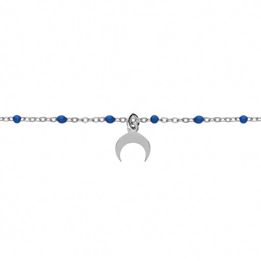 BRACELET ARGENT RHODIE BOULES RÉSINE BLEU FONCÉ AVEC DEMI LUNE 15+3CM