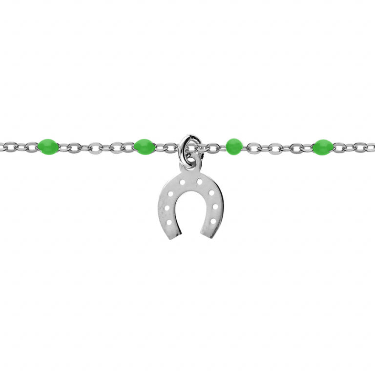 BRACELET ARGENT RHODIE BOULES RÉSINE VERTES AVEC FER A CHEVAL