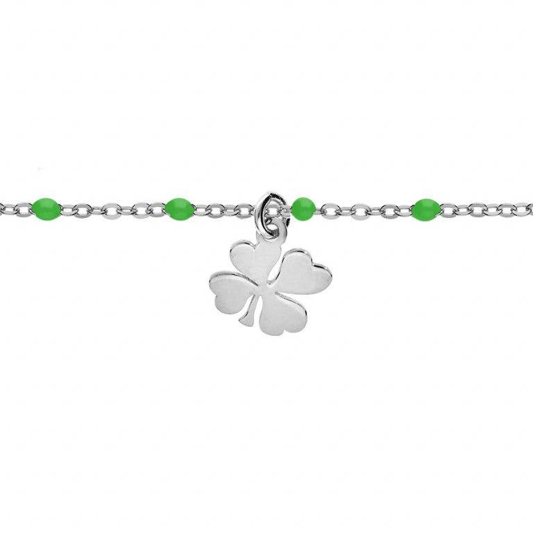 BRACELET ARGENT RHODIE BOULES RÉSINE VERTE AVEC TREFLE