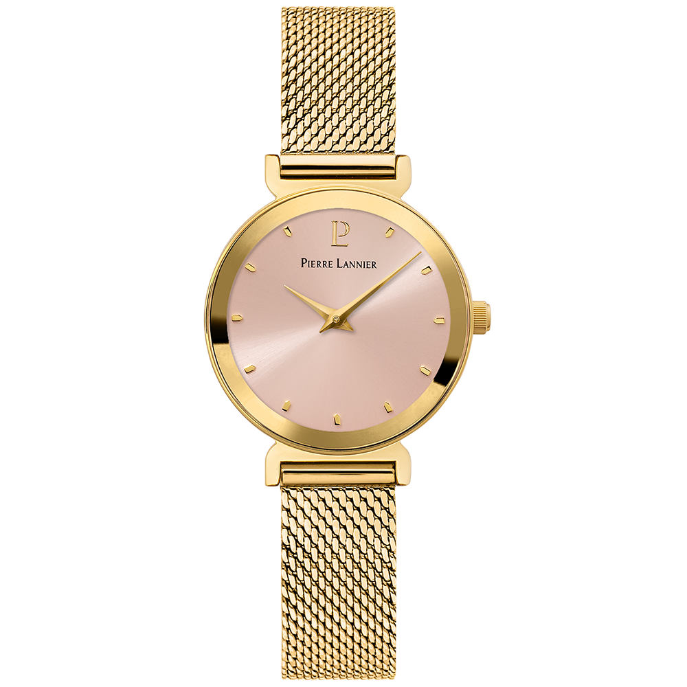 Montre Femme LIGNE PURE Cadran Rose Bracelet Acier milanais Doré