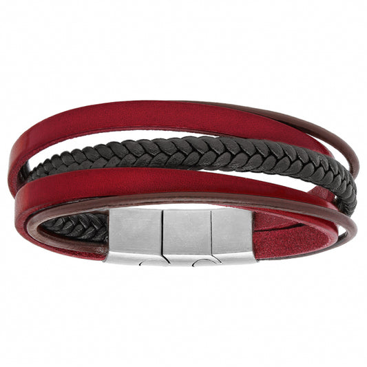 BRACELET ACIER ET CUIR MULTIFILS ROUGE, MARRON ET TRESSE NOIR