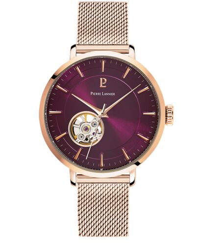 Montre Pierre Lannier AUTOMATIC Cadran Framboise Bracelet Acier Milanais Doré-rose