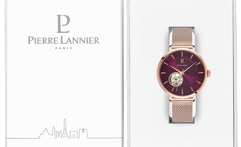 Montre Pierre Lannier AUTOMATIC Cadran Framboise Bracelet Acier Milanais Doré-rose