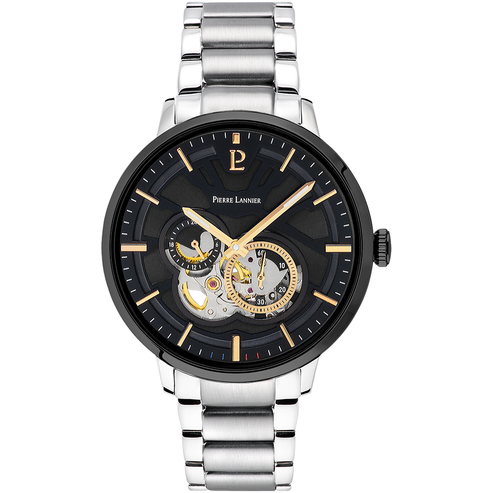 Montre Homme TRIO Cadran Noir Bracelet Acier Argenté