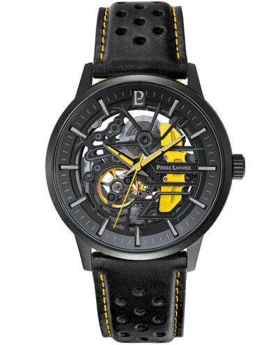 Montre Homme PADDOCK Cadran Noir Bracelet CUIR NOIR ET JAUNE