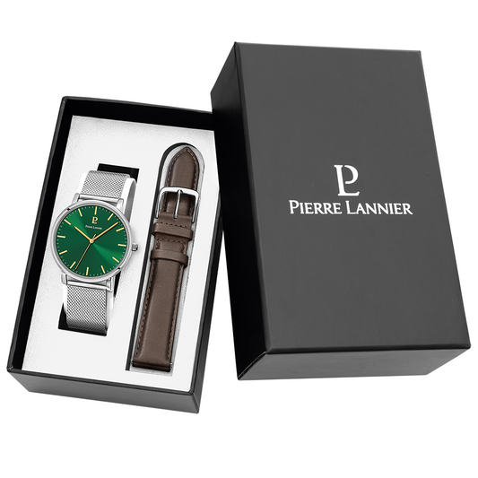 Coffret Homme ESSENTIAL Cadran Vert Bracelet Cuir Brun