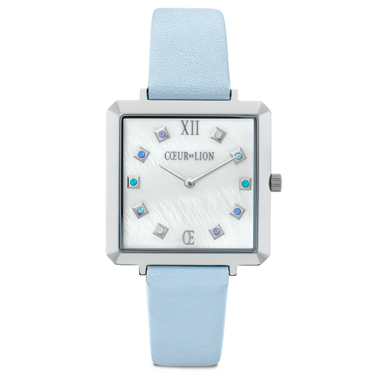 Montre Iconic Square Nacre Argent Bracelet Cuir Cool Blue