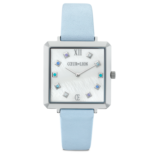 Montre Iconic Square Nacre Argent Bracelet Cuir Cool Blue