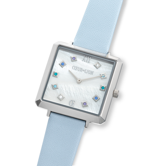 Montre Iconic Square Nacre Argent Bracelet Cuir Cool Blue