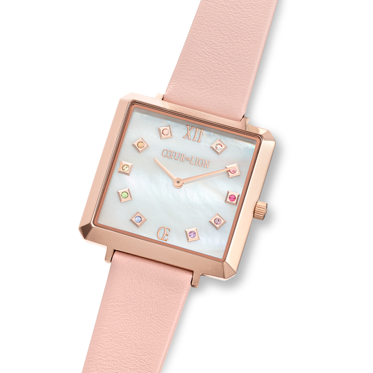 Montre Iconic Square Nacre Or Rose Bracelet Cuir Romantic Rose