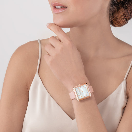 Montre Iconic Square Nacre Or Rose Bracelet Cuir Romantic Rose