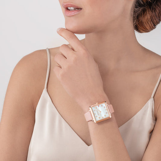 Montre Iconic Square Nacre Or Rose Bracelet Cuir Romantic Rose