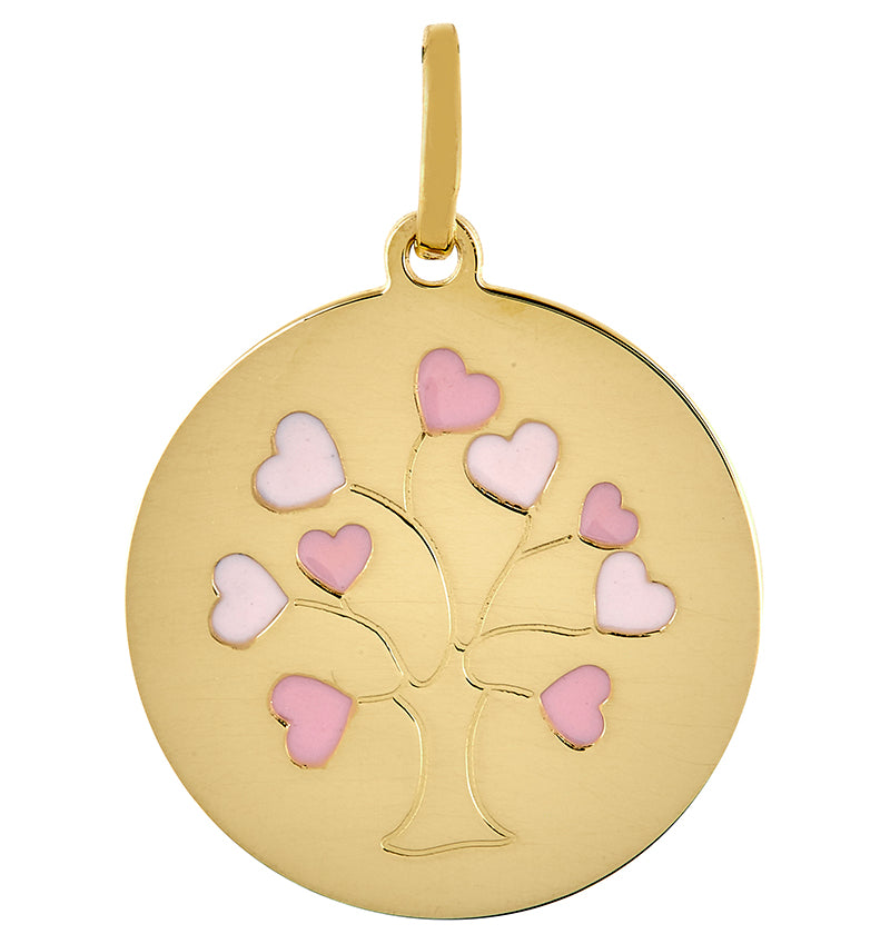 Pendentif arbre de vie en or jaune et émail rose