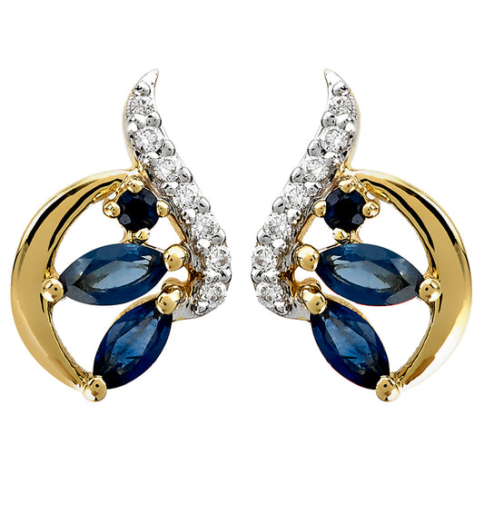 Boucles d'oreilles bicolores en or jaune et gris 18 carats avec saphirs et diamants.