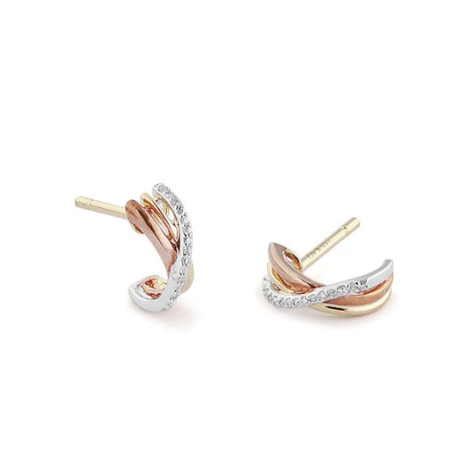 Boucles d'oreilles 3 ors 18 carats: jaune, blanc et rose. Agrémentées de 12 diamants.