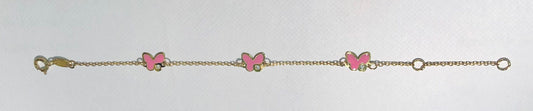 Bracelet 3 papillons en émail rose et or 375