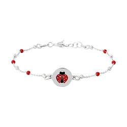 Bracelet en argent avec pampilles rouges et plaque avec coccinelles