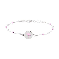 Bracelet en argent avec pampilles roses et plaque avec flamants roses