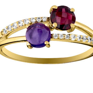 Bague en or jaune 9 carats sertie de rhodolite,améthyste et oz