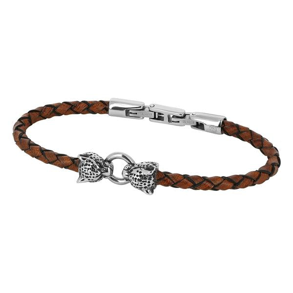 Bracelet LEOPARD en ébène, acier inoxydable 316L, avec 2 têtes de léopards, bague en acier, cuir véritable italien.