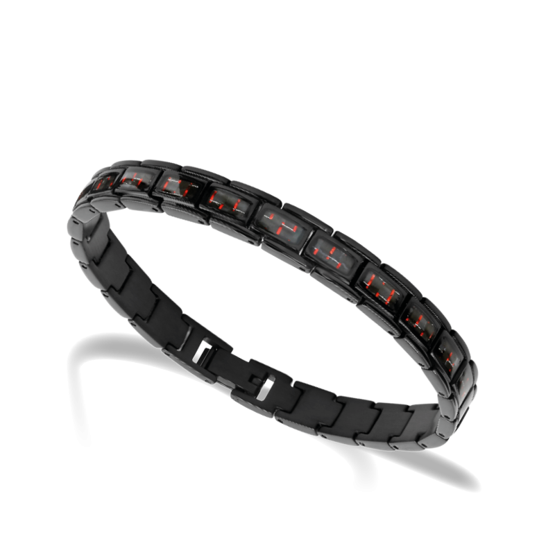 Bracelet Acier/Carbone MERCURY 8mm PVD Noir et Carbone fil rouge 21cm