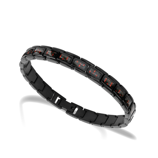 Bracelet Acier/Carbone MERCURY 8mm PVD Noir et Carbone fil rouge 21cm