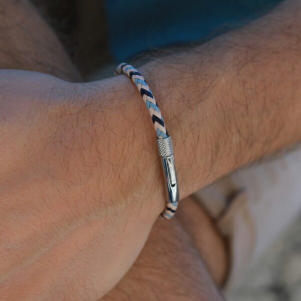 Bracelet DRIVER 28mm Acier et Lien cuir tressé 3,5mm Marine Beige