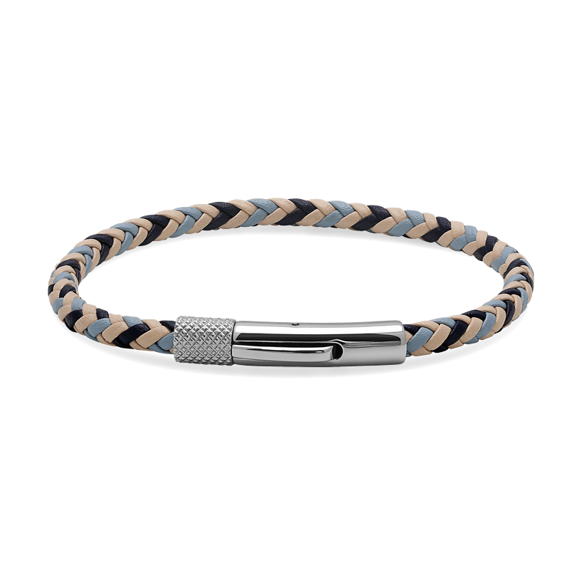 Bracelet DRIVER 28mm Acier et Lien cuir tressé 3,5mm Marine Beige