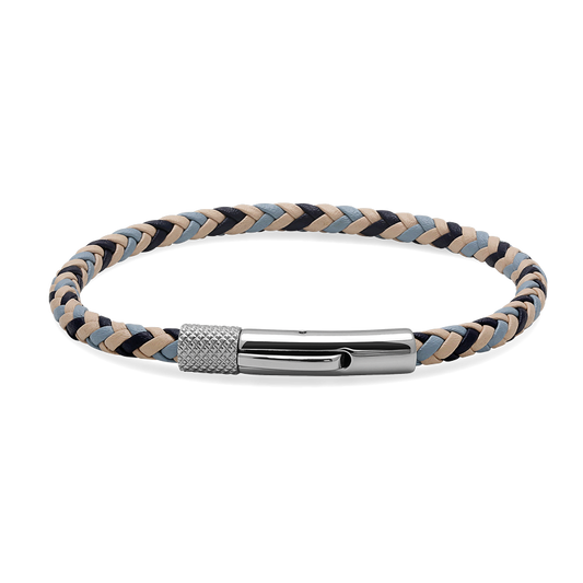 Bracelet DRIVER 28mm Acier et Lien cuir tressé 3,5mm Marine Beige