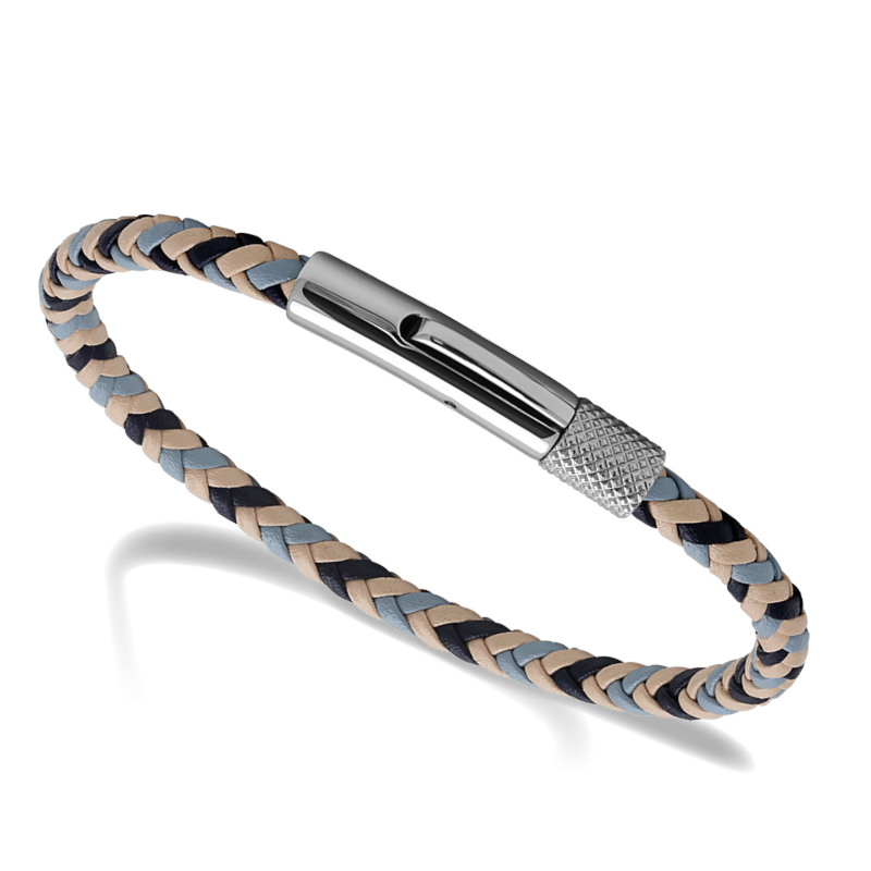 Bracelet DRIVER 28mm Acier et Lien cuir tressé 3,5mm Marine Beige