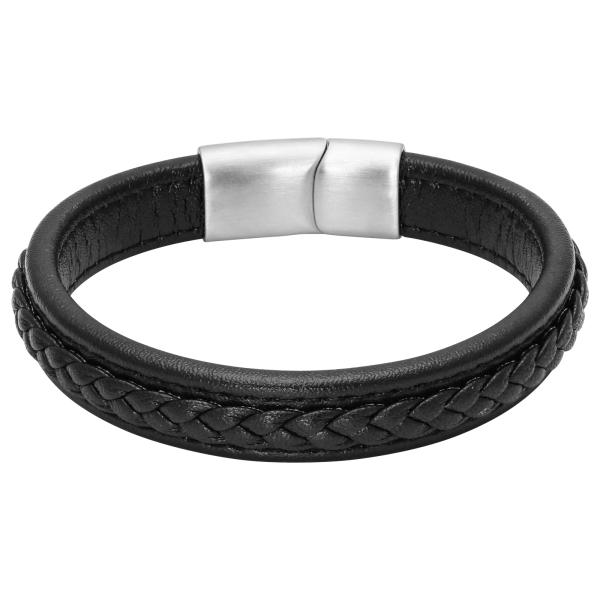 Bracelet CLUB 14MM Acier satiné et cuir noir 21cm