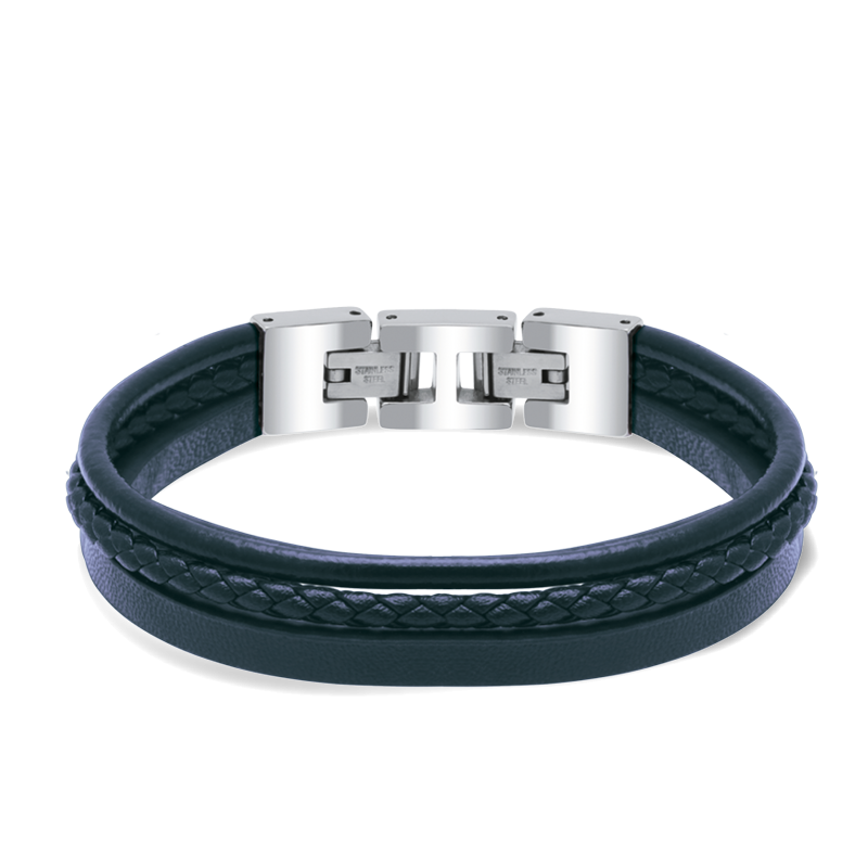 Bracelet STANFORD Acier poli et 3 cuirs plat, rond et tressé marines