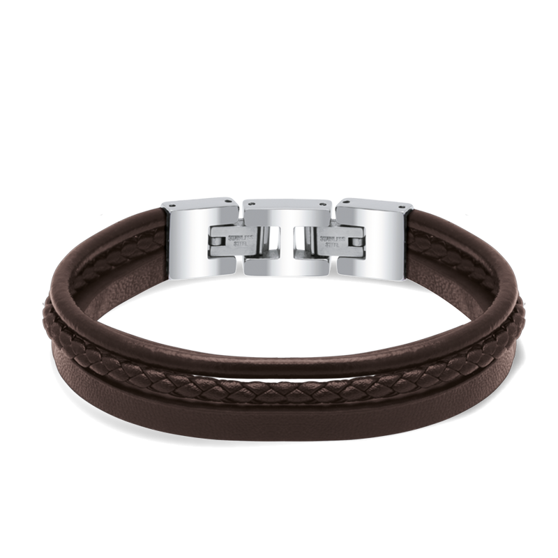 Bracelet STANFORD Acier poli et 3 cuirs plat, rond et tressé marrons