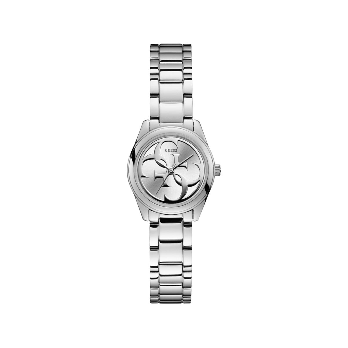 <p class="produit-title">Montre Guess, Micro G Twist, femme, mouvement à quartz, 3 aiguilles, boîtier acier, diamètre 28 mm, cadran couleur argent, bracelet acier. Non étanche.</p>