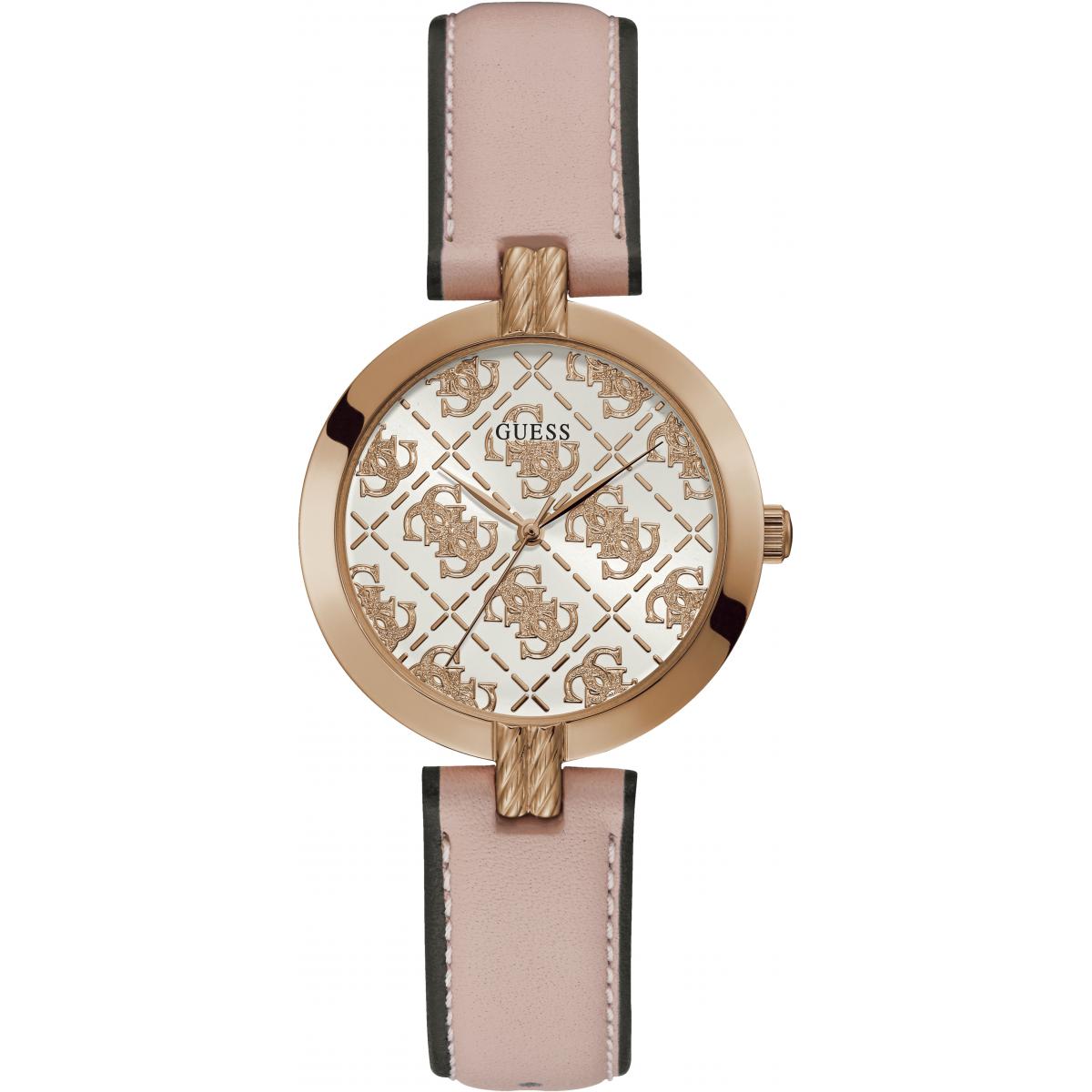 Montre Guess Montres Boîtier acier doré rose Cadran doré rose Bracelet cuir rose et noir