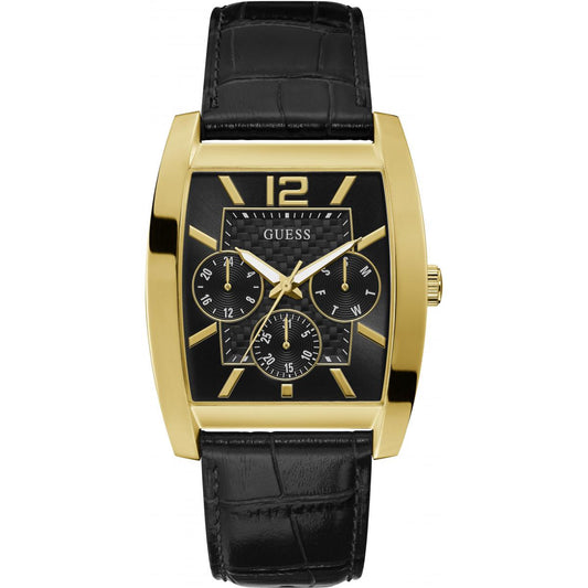 Montre classique <strong>multifonctions</strong> Guess GW0064G1 de la <strong>collection SOLITAIRE</strong> pour Homme.
<br>Le<strong> cadran est noir</strong> avec<strong> index dorés</strong> et possède trois mini-cadrans dont un <strong>dateur</strong> et un<strong> chrono</strong>.
<br>Le boîtier est <strong>rectangulaire en acier doré</strong> qui s'accorde aux aiguilles et aux index.
<br>Le bracelet est en <strong>cuir imitation croco</strong> avec <strong>boucle simple</strong>.