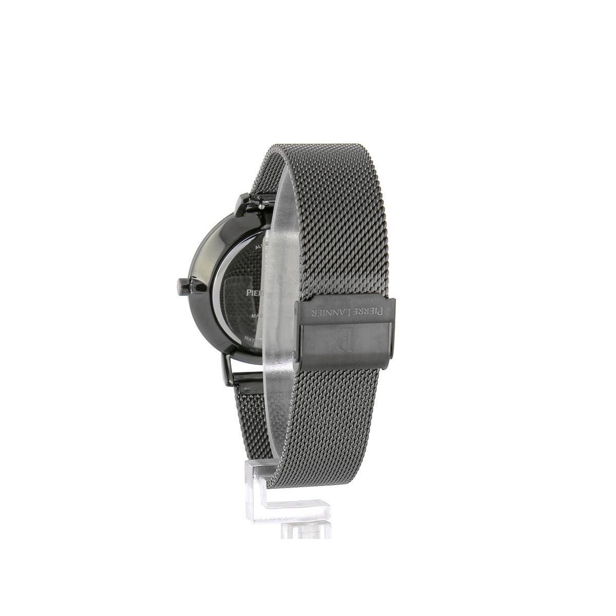 Montre Pierre Lannier acier gris poli verre sérigraphié gris cadran bois noir index noir