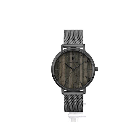 Montre Pierre Lannier acier gris poli verre sérigraphié gris cadran bois noir index noir