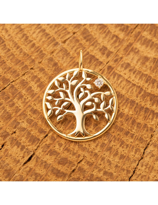 Pendentif arbre de vie en or jaune serti d'un diamant