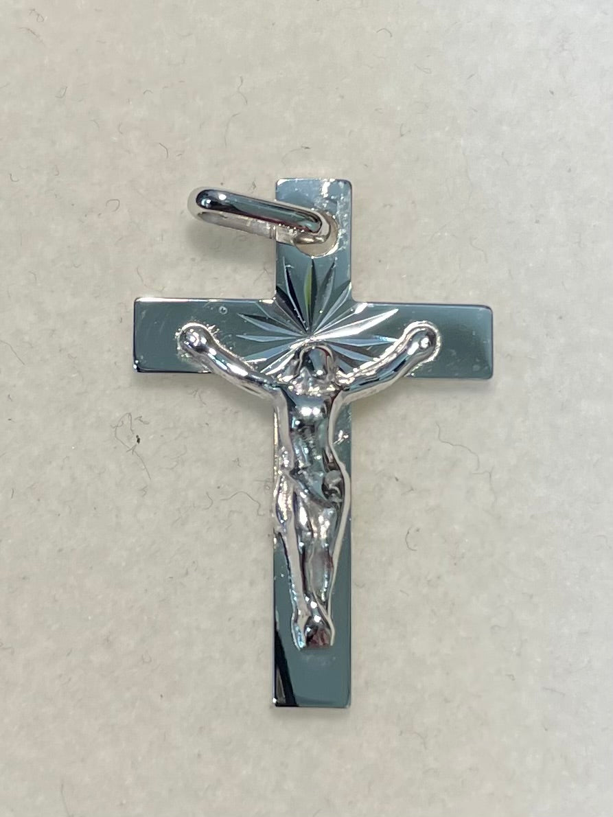 Croix crucifix en or blanc 18 carats ciselée