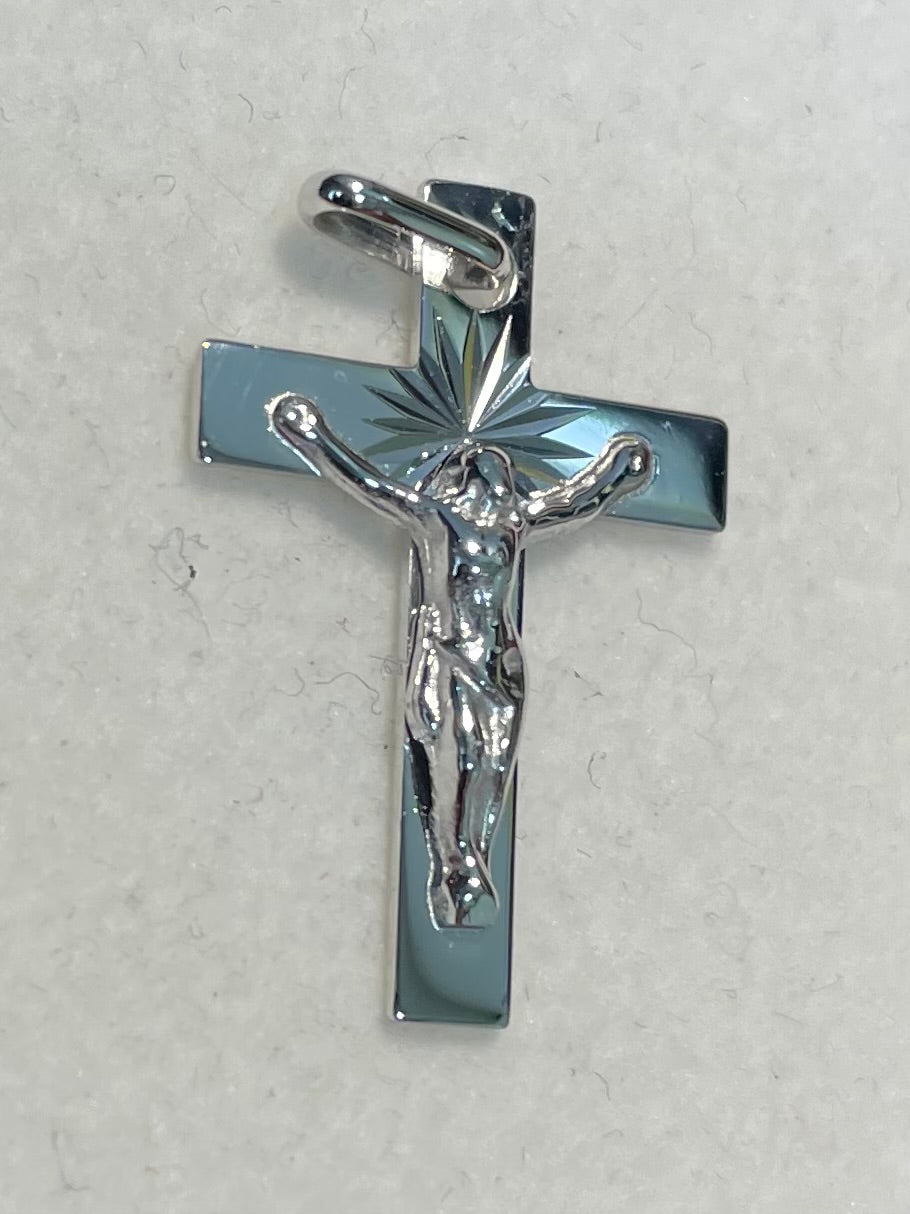 Croix crucifix en or blanc 18 carats ciselée